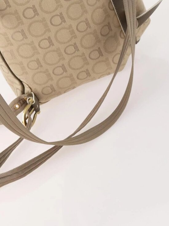 Salvatore Ferragamo Gancini Backpack Canvas Beige Gold Auth BA10432